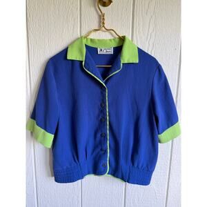 Vintage Colorblock Blouse Blue Green Crinkle Button Front Top 90s